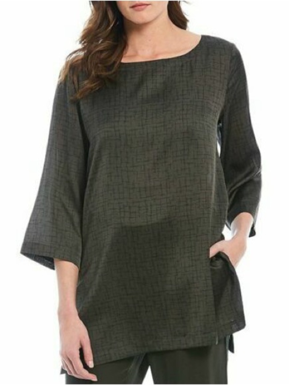 Eileen Fisher XS Silk blend Olive Tunic with Subtle Grid Pattern New without tag